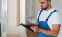 Moving service employee in a room